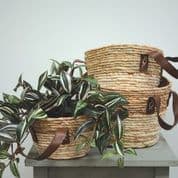 Set of 3 Seagrass Baskets with leather effect handles