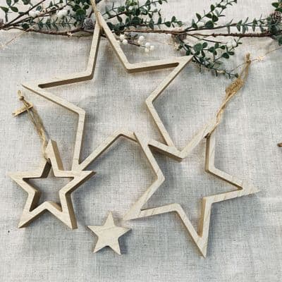 Set of 4, Natural  Wood Stars, East of India
