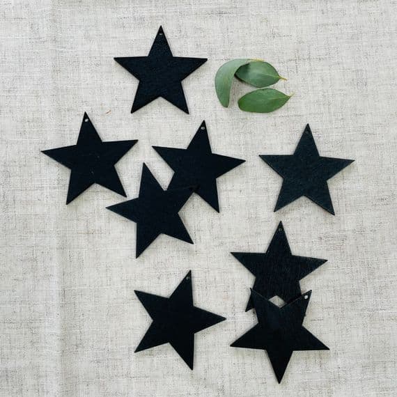 Set of 8, Black Wooden Stars, Hanging Decorations