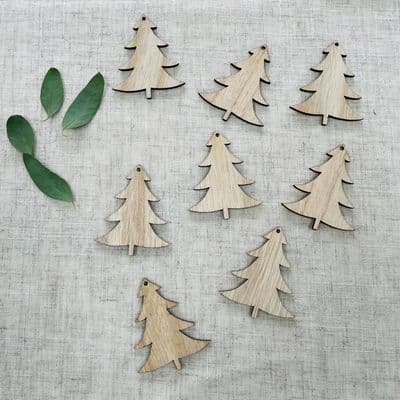Set of 8, Natural Wooden Fir Trees, Hanging Decorations