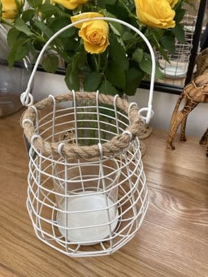 Small White White Hurricane Lantern with Rope Trim