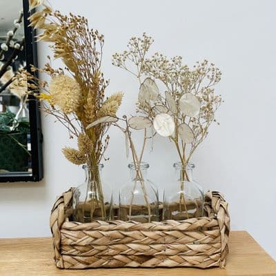 Straw Basket with 3 Glass Bottles Vases