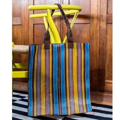 Striped Woven Eco Shopping Bag - Indian Yellow and Blue Saxe