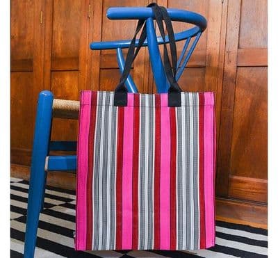 Striped Woven Eco Shopping Bag - Neyron Rose Pink and Guardsman Red Stripes
