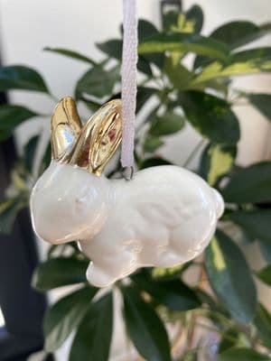 White Ceramic Hanging Bunny with Gold Ears by Gisela Graham