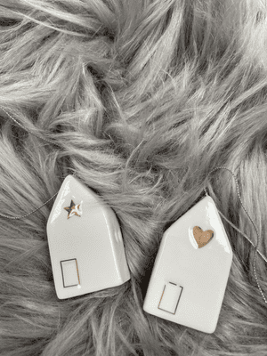 White Ceramic House, Hanging Decoration Star/Heart