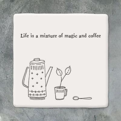 Wobbly Square Porcelain Coaster,  'Life is a mixture of magic and coffee' East of India