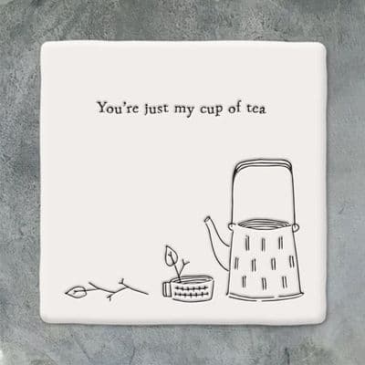 Wobbly Square Porcelain Coaster, 'You're Just my Cup of Tea' East of India