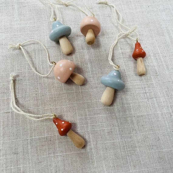 Wooden Toadstool Hanging Decorations. Set of 6