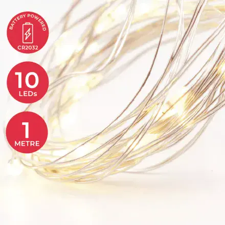 10 Micro LED Fairy Lights - 1m - Warm White - Battery Powered