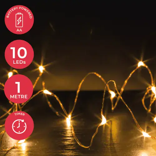 10 Micro LED Fairy Lights - 1m - Warm White - Timer Function
