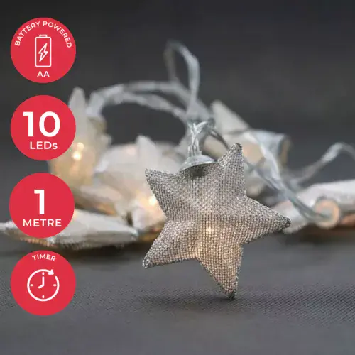 10 Silver Star LED Fairy Chain Lights - 1m - Timer Function