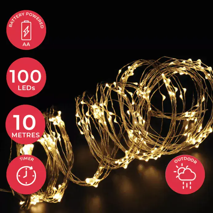 10 Metre Micro LED Battery Operated Outdoor Fairy Lights With Timer | Dannells
