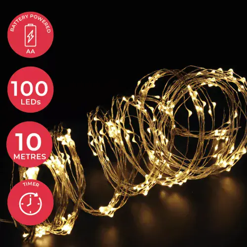 100 Micro LED Fairy Lights - 10m - Warm White - Timer Function