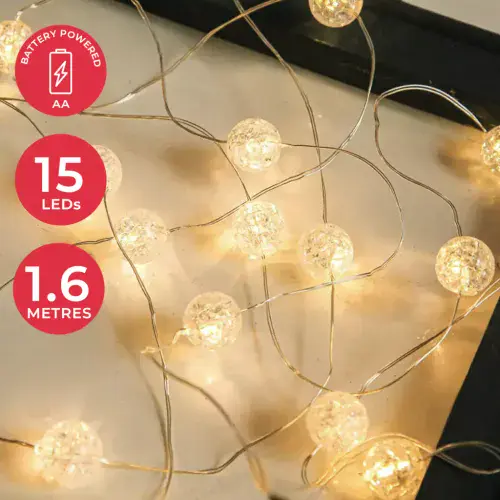 15 Crystal Beaded Ball LED Fairy Lights - 160cm - Battery Powered