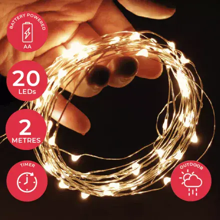 20 Micro LED Fairy Light String - 2m - Timer Function - Outdoor