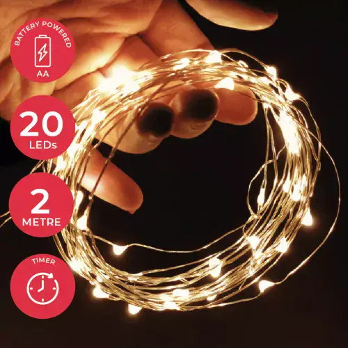 20 Micro LED Fairy Lights - 2m - Warm White - Timer Function