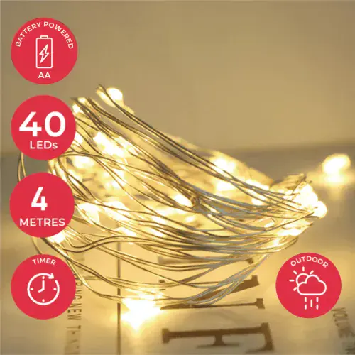 40 Micro LED Battery Operated Outdoor Fairy Lights - 4m - Timer Function