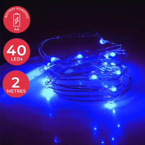 40 Micro LED Fairy Lights - 2m - Blue - Battery Powered