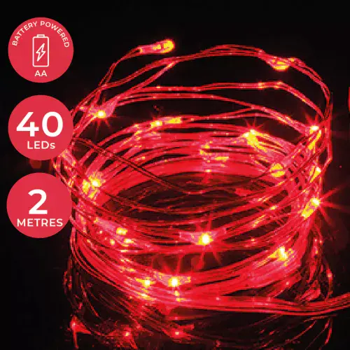 40 Micro LED Fairy Lights - 2m - Red - Battery Powered