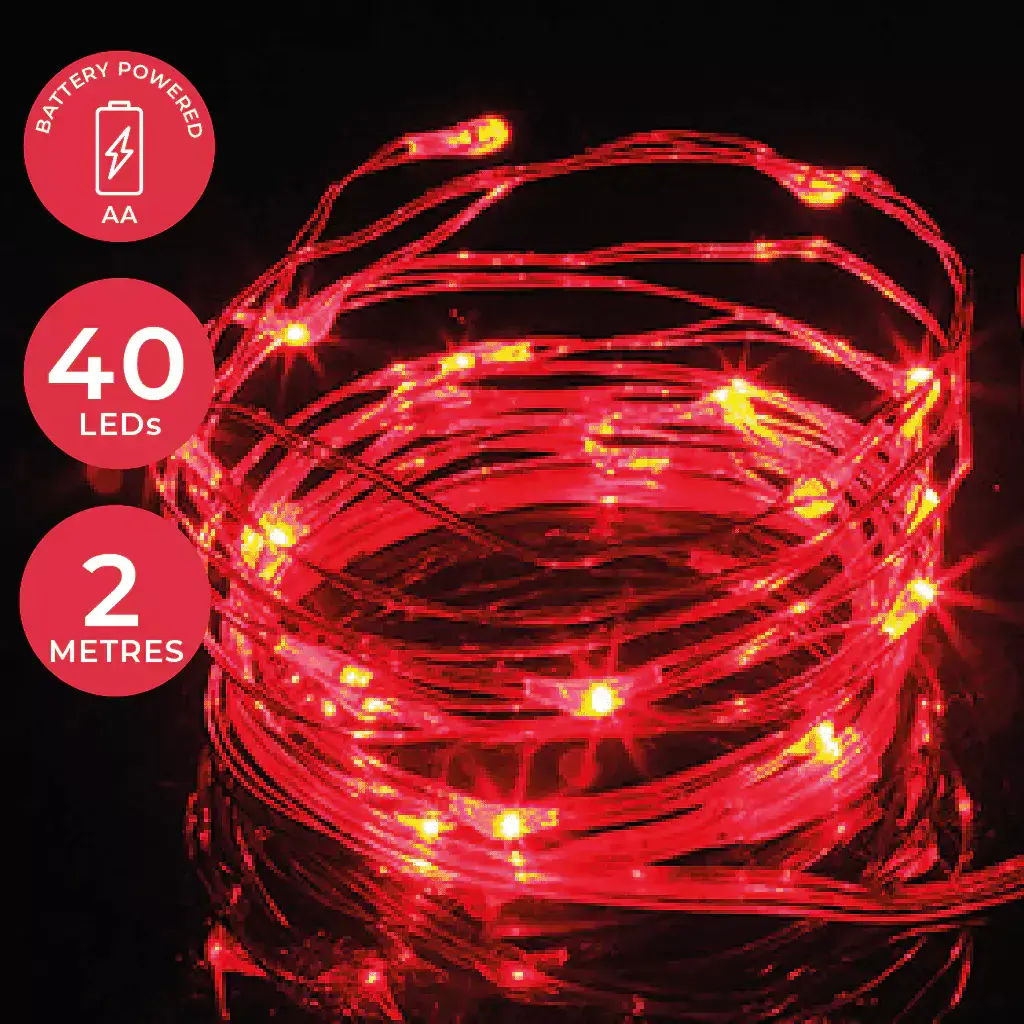 40 Micro Red LED 2 Metre Fairy Lights Battery Powered Dannells