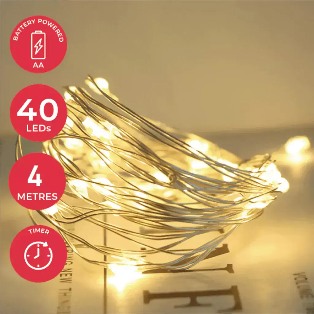 40 Micro LED Fairy Lights 4m Warm White Timer Dannells