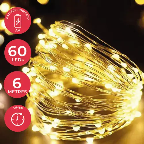 60 Micro LED Fairy Lights - 6m - Warm White - Timer Function