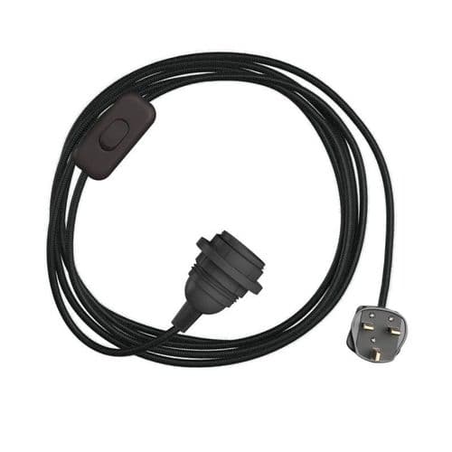 Black Cotton Textile Cable Assembly with Lamp Holder, Plug and Switch