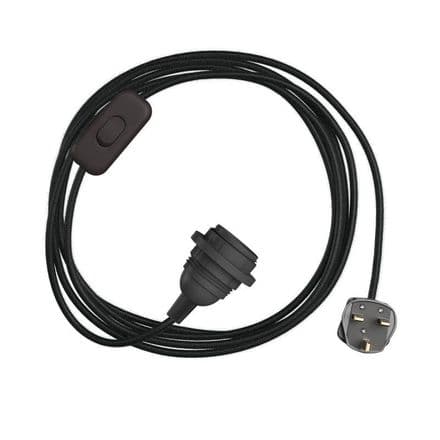 Black Cotton Textile Cable Assembly with Lamp Holder, Plug and Switch