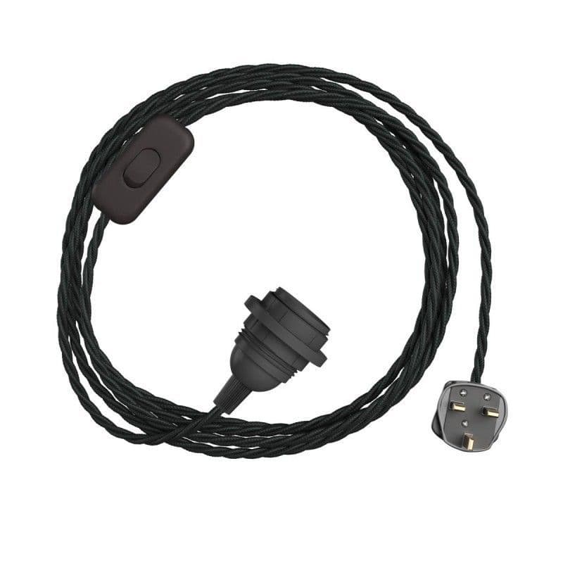 Black Cotton Twisted Textile Cable Assembly with Lamp Holder Plug & Switch