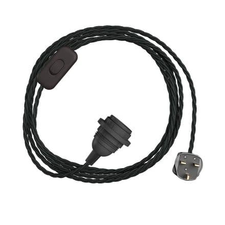 Black Cotton Twisted Textile Cable Assembly with Lamp Holder, Plug & Switch