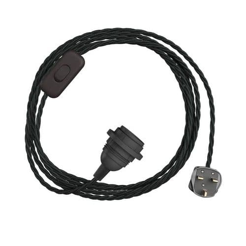 Black Cotton Twisted Textile Cable Assembly with Lamp Holder, Plug & Switch