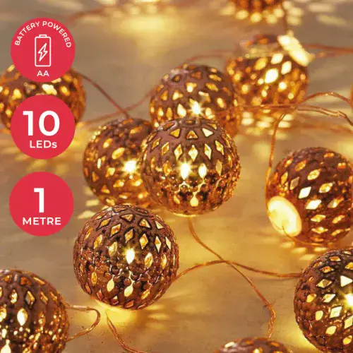 Copper Metal 25mm Ball 10 LED Fairy Lights - 1m - Battery Powered