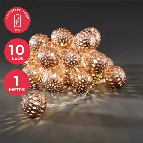 Copper Metal 40mm Ball 10 LED Fairy Lights - 1m - Battery Operated