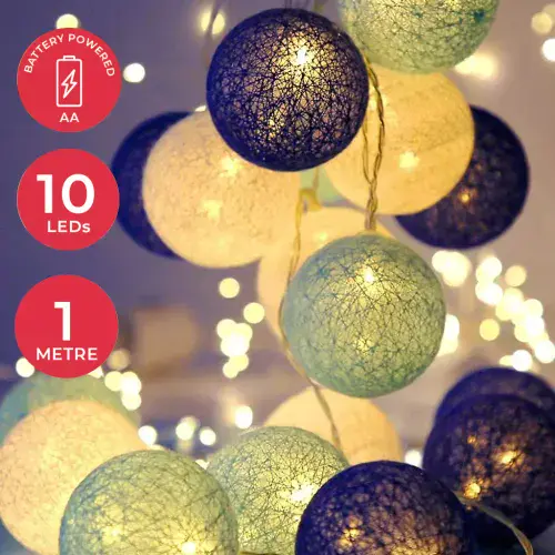 Cotton Sphere 10 LED Fairy Lights - Blue Grey White - 1m - Battery Powered