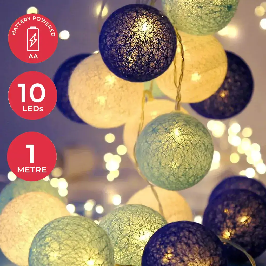 Cotton Sphere 10 LED Fairy Lights - Blue Grey White - 1m