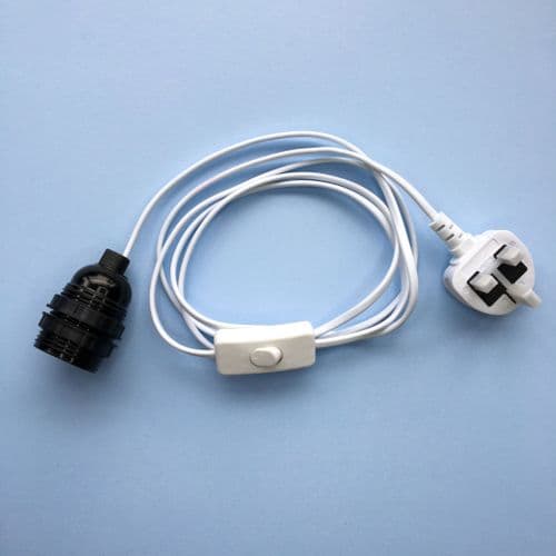 E27 Lamp Holder (+3 Shade Rings ) with Switch, 2mtrs Cable and Fitted UK Plug