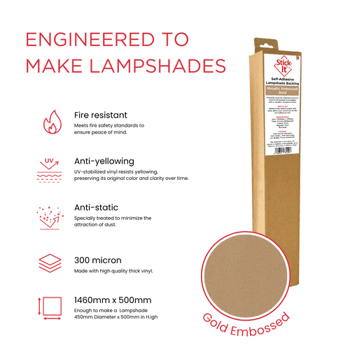 Embossed Metallic Gold Self-Adhesive Lampshade Material – 1460mm x 500mm – Small Roll