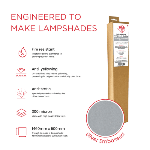 Embossed Metallic Silver Self-Adhesive Lampshade Material – 1460mm x 500mm – Small Roll