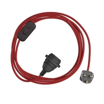 Fire Red Cotton Textile Cable Assembly with Lamp Holder, Plug & Switch
