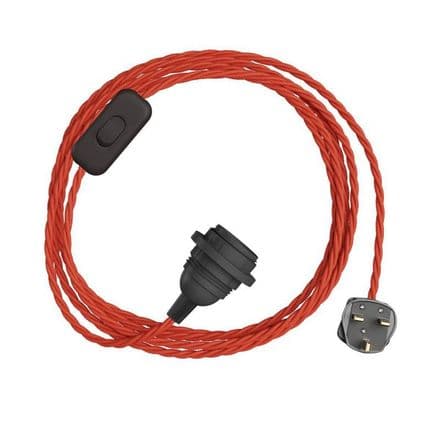 Fire Red Cotton Twisted Textile Cable Assembly with Lamp Holder, Plug & Switch