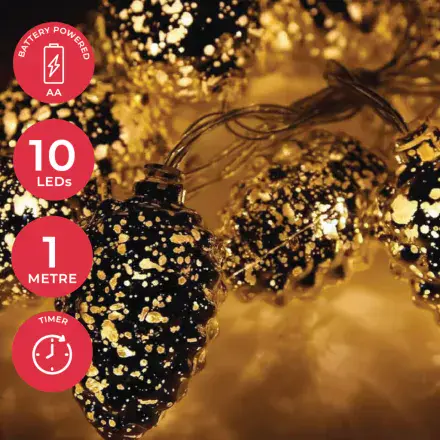 Gold Pine Cone Battery Powered LED Fairy Lights - 110cm - Timer Function