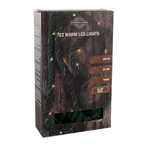 Jute Rope Green Battery Operated 22 LED String Lights - 2 Metre + Timer