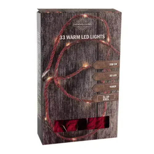 Jute Rope Red Battery Operated 33 LED String Lights 330cm + Timer