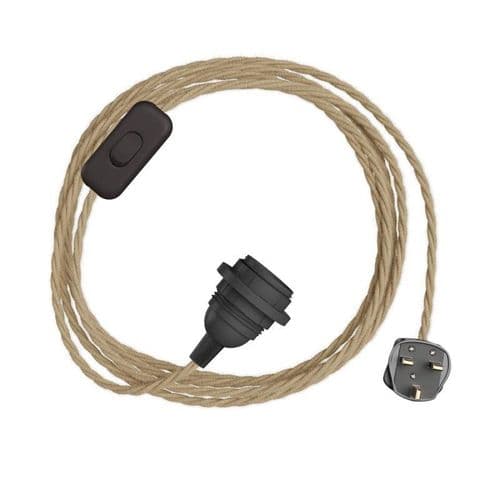 Natural Jute Twisted Textile Cable Assembly with Lamp Holder, Plug & Switch