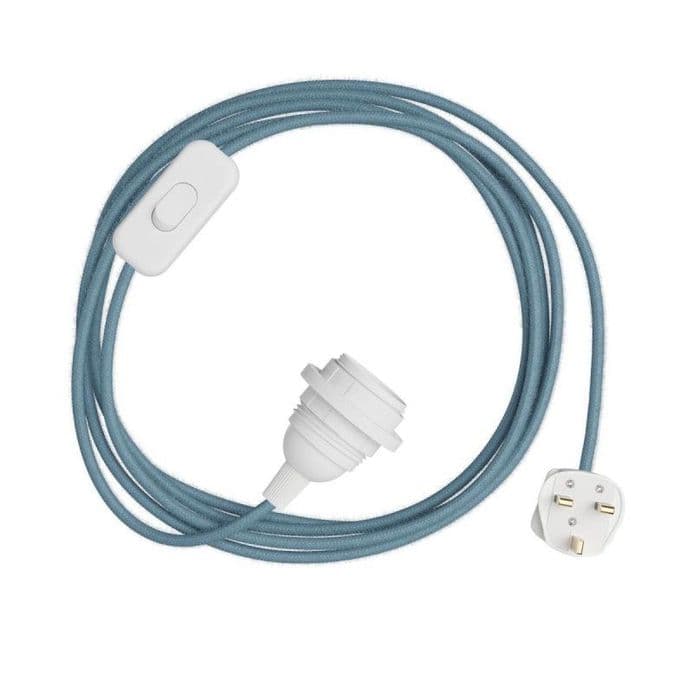 Ocean Blue Cotton Textile Cable Assembly with Lamp Holder, Plug & Switch