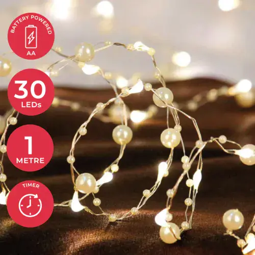 Pearl and LED Fairy Lights - 1m - Timer Function