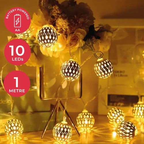 Silver Metal 25mm Ball 10 LED Fairy Lights - 1m - Battery Powered