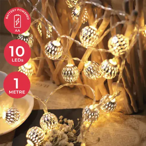 Silver Metal 40mm Ball 10 LED Fairy Lights - 1m - Battery Powered