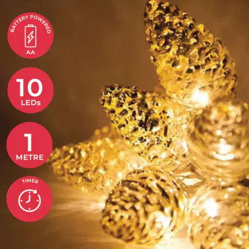 Silver Pine Cone Battery Powered LED Fairy Lights - 110cm - Timer Function